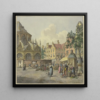 À gauche le chœur d'une église, à droite un pavillon de fontaine avec des vendeuses de gibier - Johannes Huibert Prins