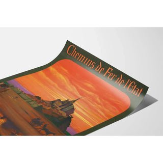 Affiche Mont-Saint-Michel vintage – Coucher de soleil et traversée en calèche