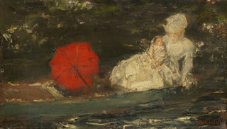 Albert von Keller - Frau und Kind im Freien mit rotem Parasol.webp