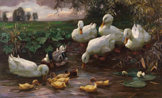 Alexander Koester - Erpel mit Enten und Kken am Seeufer.webp