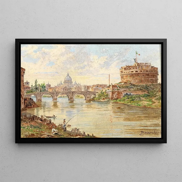 van Rome met het Château Saint-Ange, de Pont Saint-Ange en de Basiliek van Sint-Pieter op de achtergrond - Antonietta Brandeis — ingelijst kunstwerk aan de muur