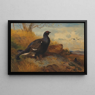 Archibald Thorburn - Blackgame on a rocky outcrop with a loch beyond.webp