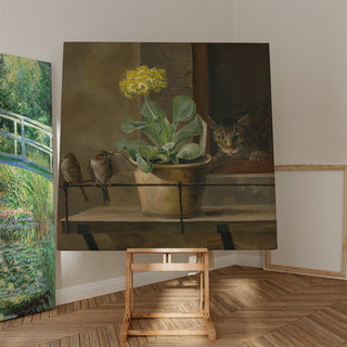 Kunstdruk | Natuurstudie met een primula in een bloemenpot, een kat en twee mussen - Martinus Rørbye