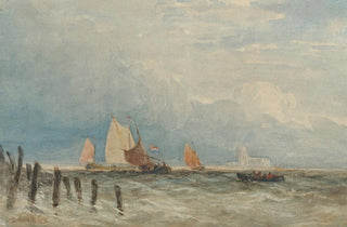 David Cox - Dutch fishing smacks off the coast with Grote Kerk Dordrecht in the distance.webp