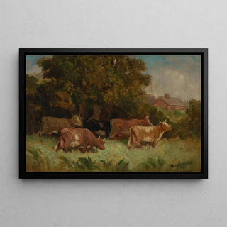 Edward Mitchell Bannister - Untitled five cows in pasture rooftop in background.webp