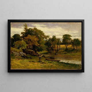 Edward Mitchell Bannister - Untitled landscape boat moored near stream man walking in foreground.webp