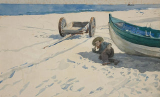 Edwin Austin Abbey - Beach scene with Man Resting in Shadow of Boat.webp
