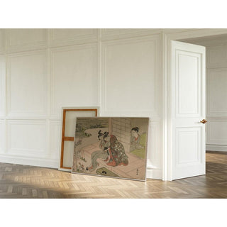 Femme observant un jeune couple s'embrasser sur une véranda - Suzuki Harunobu | Reproduction Tableau Décoration murale affiche copie