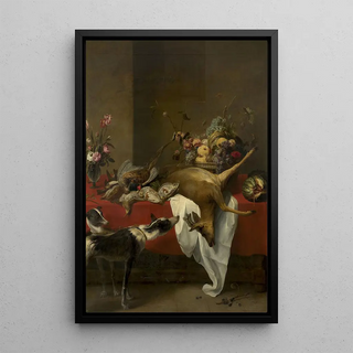 Frans Snyders - Game fruit basket and vase of flowers on a table.webp