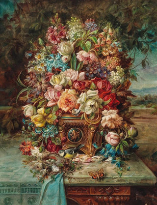 Hans Zatzka - Reiches Blumenstillleben mit Blaumeise vor einer weiten Landschaft.webp