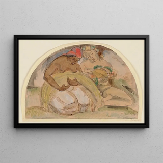 Hermann Lismann - Zwei weibliche Akte links ein Bndel Stroh rechts eine Schale mit Frchten in der Hand haltend.webp