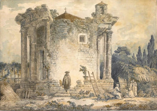 Hubert Robert - The Temple Of The Sibyl At Tivoli A Man In A Cloak And Hat Standing On The Steps A Group Of Monks To The Right.webp