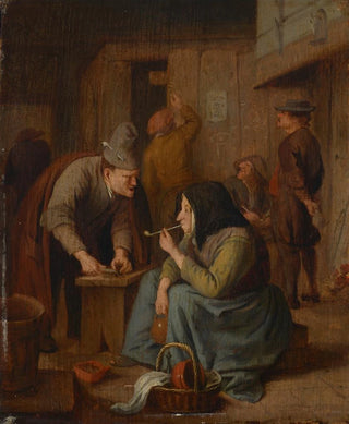 Jan Steen - A tavern interior with a woman smoking a pipe and a man cutting tobacco.webp