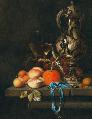 Johannes Borman - Apricots peaches and other fruit with glass and a jug.webp