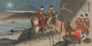 Kobayashi Kiyochika - A Scouting Party of the Japanese Army Observing the Movements of Russian Cossack Soldiers across the Daedong River.webp
