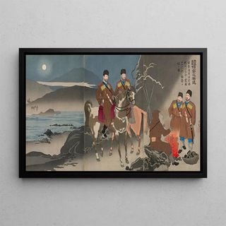 Kobayashi Kiyochika - A Scouting Party of the Japanese Army Observing the Movements of Russian Cossack Soldiers across the Daedong River.webp