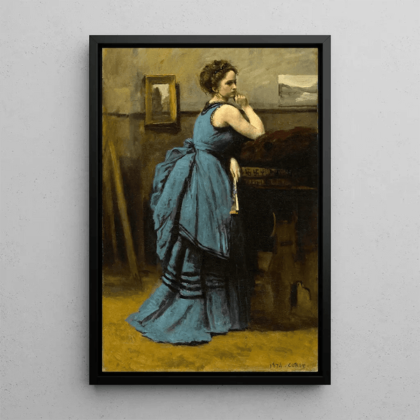 Reproductie van het schilderij La Dame en bleu van Jean-Baptiste-Camille Corot