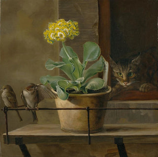 Nature morte avec une primevère dans un pot de fleurs, un chat et deux moineaux - Martinus Rørbye