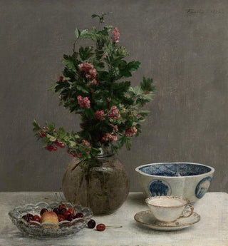 Nature morte avec vase de houx, bol de cerises, bol japonais et tasse et soucoupe - Henri Fantin-Latour