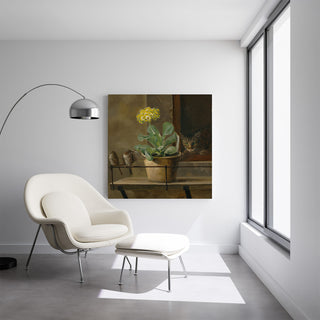 Kunstdruk | Natuurstudie met een primula in een bloemenpot, een kat en twee mussen - Martinus Rørbye