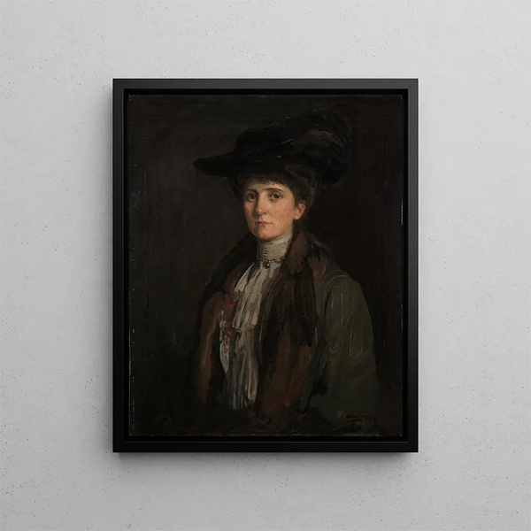 Een dame in bruin die men denkt te zijn Margaret Edith Bannatyne Cobb - Sir John Lavery — ingelijst kunstwerk aan de muur