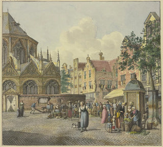 À gauche le chœur d'une église, à droite un pavillon de fontaine avec des vendeuses de gibier - Johannes Huibert Prins