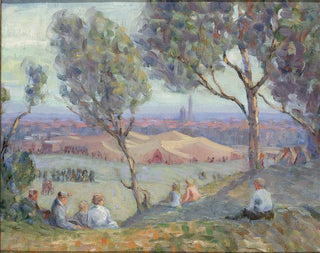 Vue depuis Arlington Heights avec des tentes Chautauqua et le monument de Washington en arrière-plan - A H O Rolle — weergave van het kunstwerk