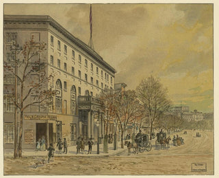 Vue van Washington en kijkend naar beneden op de Pennsylvania Avenue richting het onafgewerkte Capitool, National Hotel links n° 1 - A Meyer — weergave van het kunstwerk