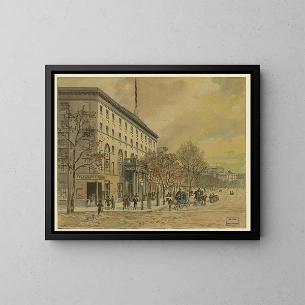 Vue van Washington en kijkend naar beneden op de Pennsylvania Avenue richting het onafgewerkte Capitool, National Hotel links n° 1 - A Meyer — ingelijst kunstwerk aan de muur