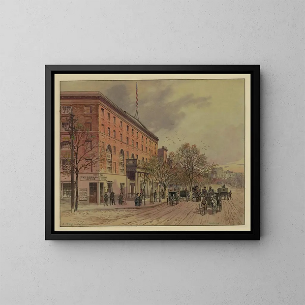 Vue van Washington, kijkend langs de Pennsylvania Avenue richting het onafgewerkte Capitool, National Hotel links, nr. 2 - A Meyer — ingelijst kunstwerk aan de muur