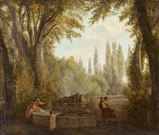 Een parklandschap met vrouwen en kinderen bij een fontein - Abraham Louis Rodolphe Ducros — weergave van het kunstwerk