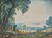 Uitgebreide weergave van een landschap met een meer nabij Rome, mogelijk het Bolsena-meer, met personages - Abraham Louis Rodolphe Ducros — weergave van het kunstwerk