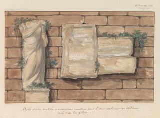 Beeldhouwwerk beschadigd en inscripties geïntegreerd in de muur van een kasteel in de stad Gozo - Abraham Louis Rodolphe Ducros — weergave van het kunstwerk