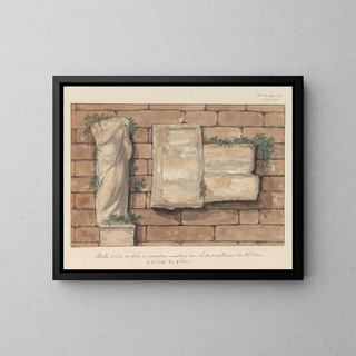 Beeldhouwwerk beschadigd en inscripties geïntegreerd in de muur van een kasteel in de stad Gozo - Abraham Louis Rodolphe Ducros — ingelijst kunstwerk aan de muur