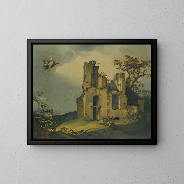A landscape with ruins and the seduction of Ganymede - Abraham Bloemaert — framed artwork on a wall