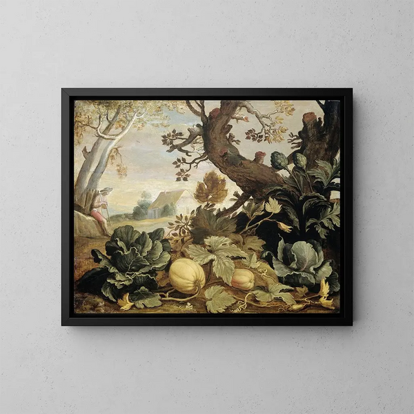 Landscape painting with fruits and vegetables in the foreground - Abraham Bloemaert — framed artwork on a wall