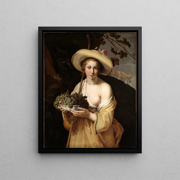 Shepherdess with a bowl of grapes - Abraham Bloemaert — framed artwork on a wall