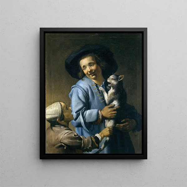 Young people playing with the cat - Abraham Bloemaert — framed artwork on a wall
