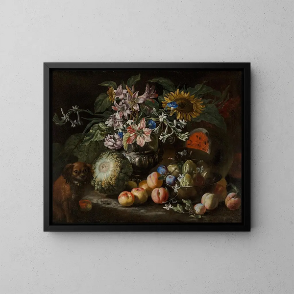 a Still life of fruits and flowers in a silver footed and fluted vase with a spaniel at observation - Abraham Brueghel — framed artwork on a wall