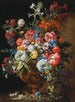 van een schilderij met anjers, lelies, nigellen en andere bloemen in een decoratieve aardewerken vaas op een stenen rand - Abraham Brueghel — weergave van het kunstwerk