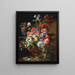 van een schilderij met anjers, lelies, nigellen en andere bloemen in een decoratieve aardewerken vaas op een stenen rand - Abraham Brueghel — ingelijst kunstwerk aan de muur