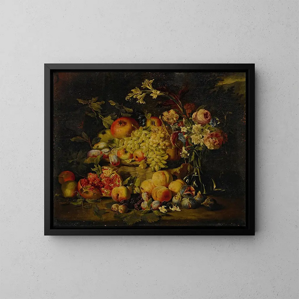 Flower and Fruit Still Life Painting, including pomegranates, peaches, and grapes - Abraham Brueghel — framed artwork on a wall