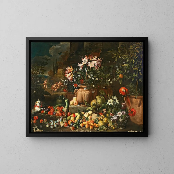 Flower Still Life Painting with Fruits, Putti, and Animals - Abraham Brueghel — framed artwork on a wall