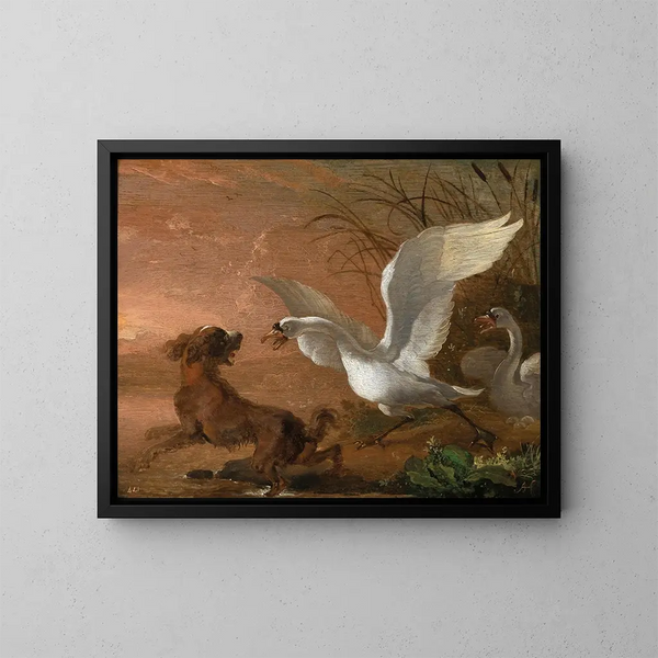 A swan attacking a dog - Abraham Hondius — framed artwork on a wall