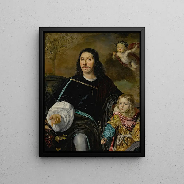 Portrait of a gentleman and a young boy - Abraham Lambertsz van den Tempel — framed artwork on a wall