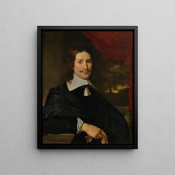Portrait of a gentleman holding gloves in bust before a landscape - Abraham Lambertsz van den Tempel — framed artwork on a wall