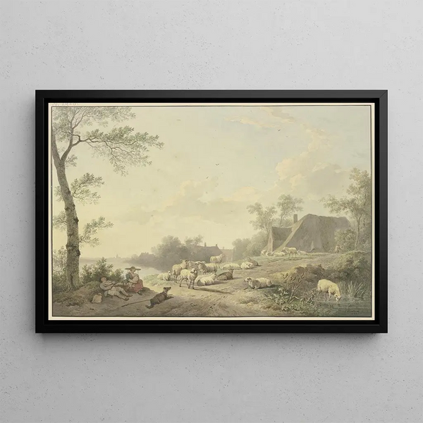 Abraham Teerlink - An einem Weg bei Bauernhusern eine Schafherde.webp
