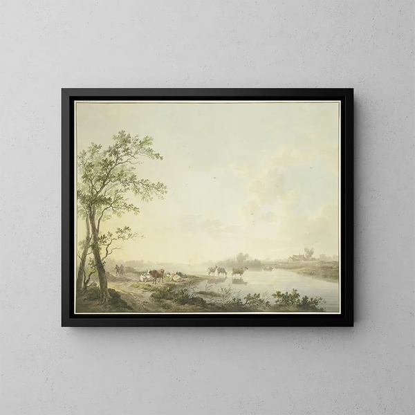 Morning Misty Riverbank with Seven Khe by the Water - Abraham Teerlink — framed artwork on a wall