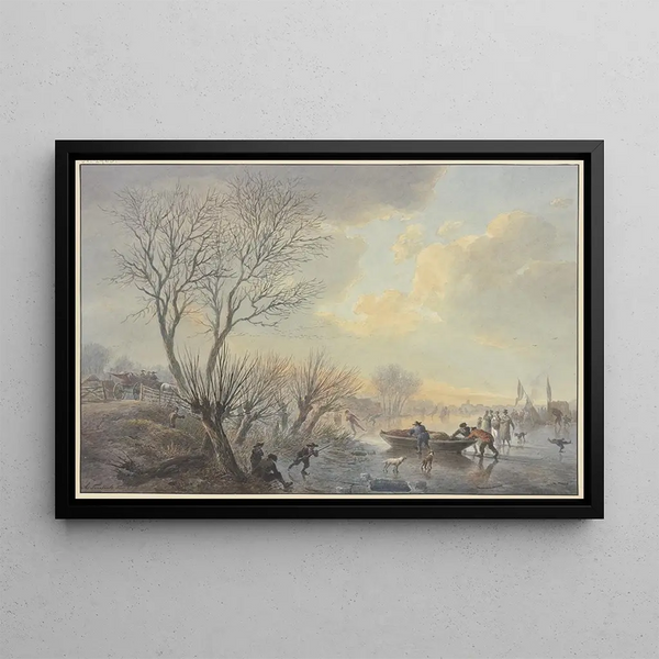 Winter landscape painting on ice, three men push a boat towards the land, with two dogs standing - Abraham Teerlink — framed artwork on a wall