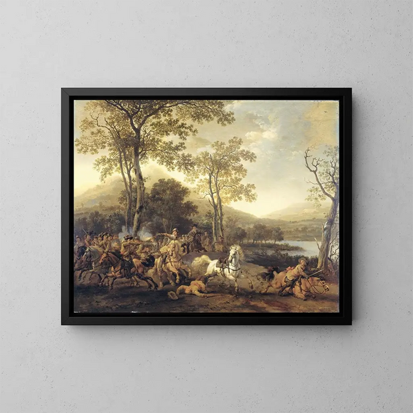 Cavalry Skirmish - Abraham van Calraet — framed artwork on a wall